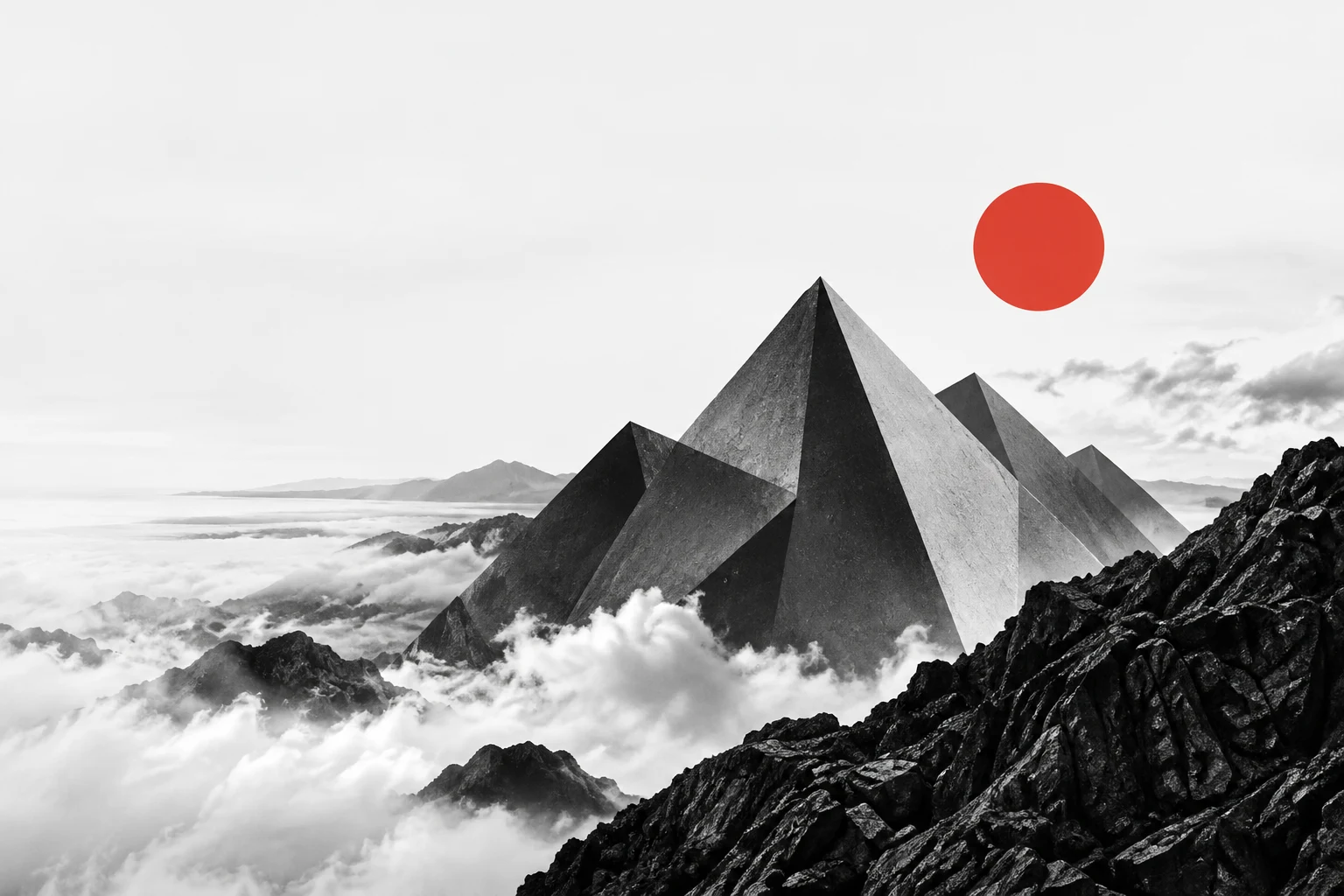 Faceted basalt peaks rising through clouds beneath a red sun